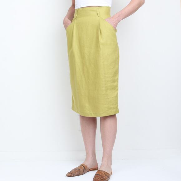 Vintage 80s 100% Linen Chartreuse Lime Midi High Waist Pencil Skirt M - Picture 1 of 7